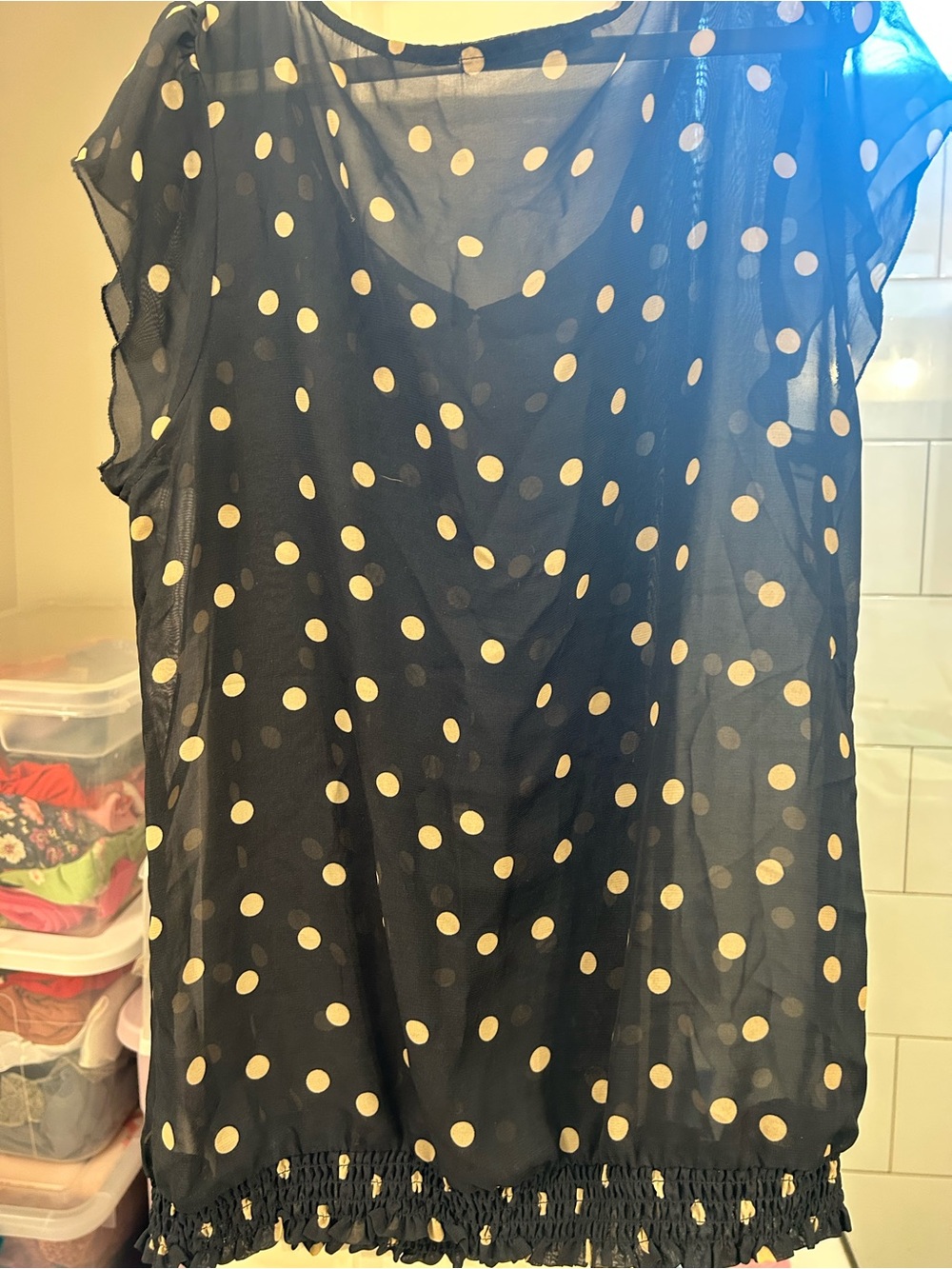 Maurices Black Sheer Polka Dot Sleeveless Blouse with Cream Dots